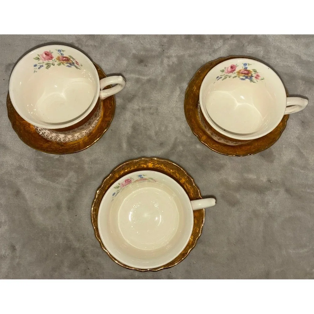 Vintage Vogue Gold Filigree Teacup White Floral 22k Gold Homer Laughlin Lot Of 3